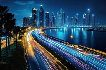 Obraz premium A vibrant city skyline at night with illuminated buildings and light trails from vehicles.