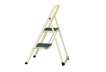 Used, dirty white folding two step ladder. On isolated transparent background.