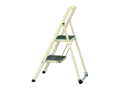Used, dirty white folding two step ladder. On isolated transparent background.