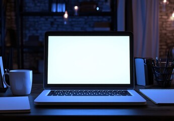 Cozy Night Workspace with Laptop, Coffee, Notepad, and Desk Accessories in a Dimly Lit Room Emphasizing Focus and Productivity After Hours