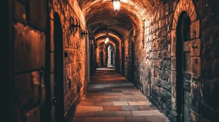 Fototapeta premium A dimly lit stone corridor with arches and doors, evoking a mysterious atmosphere.