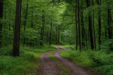 Fototapeta premium Winding dirt road through lush green forest, sunlight dappled on leaves. Perfect for travel, nature, and serenity themes; evokes peace and adventure.