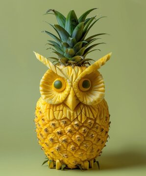 Naklejki Creative fruit sculpture of an owl made from a pineapple, showcasing detailed craftsmanship, vivid yellow color, and a whimsical expression against a subtle green background
