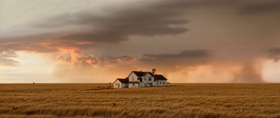 Fototapeta premium Dramatic Prairie Sunset with Abandoned Farmhouse and Windmill