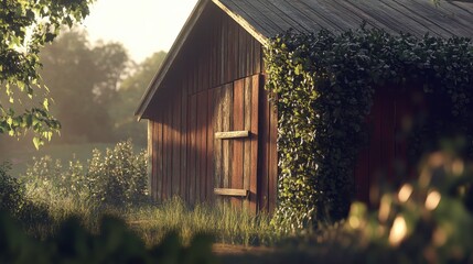 Rustic Red Barn Hidden in Lush Greenery with Soft Sunlight Filtering Through Trees in a Serene Countryside Setting