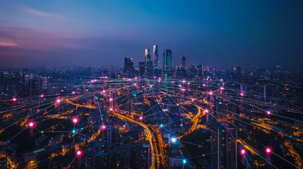 Fototapeta premium Smart digital Innovation city with connection network reciprocity over the cityscape. of future smart wireless city and social media networking systems that connects business people with in city