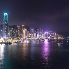 Obraz premium Night Lights Illuminate Vibrant City Skyline Harbor View