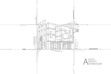 3D abstract illustration of an urban building, with an imaginative architectural line drawing design.