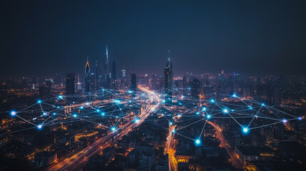 Fototapeta premium Smart digital Innovation city with connection network reciprocity over the cityscape. of future smart wireless city and social media networking systems that connects business people with in city