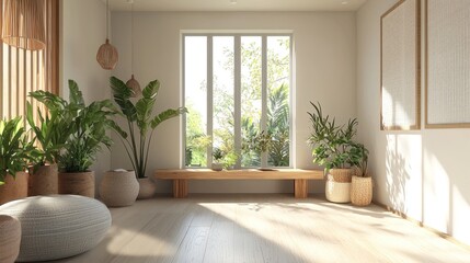 Fototapeta premium A serene indoor space with natural light, plants, and a wooden bench.