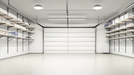 A spacious, clean garage with shelves and a large door, designed for storage and organization.