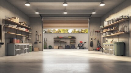 A spacious garage with organized shelves, tools, and a view of nature outside.