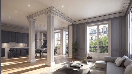 Fototapeta premium Modern living space with open kitchen and elegant design.