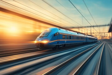 Naklejka premium A high-speed train in motion, captured during sunset with dynamic lighting effects.