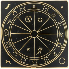 Ornate Black Wheel with Astrological Symbols and Gold Accents