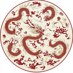 Obraz premium Ornate Circular Design Featuring Red Chinese Dragons and Clouds