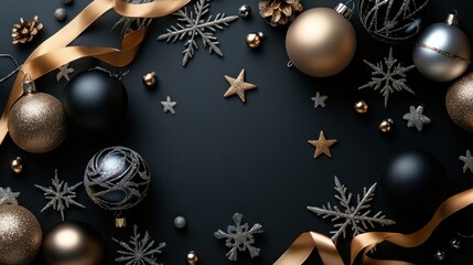 A festive arrangement of Christmas ornaments and decorations on a dark background.
