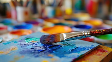 Fototapeta premium A close-up of a paintbrush on a colorful palette, showcasing artistic creativity.