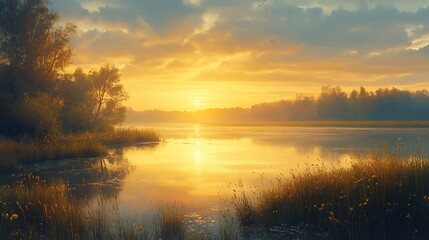 Obraz premium Golden Sunset Over Calm Lake and Trees