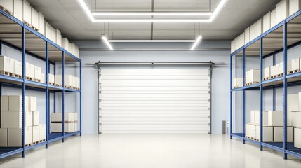 Obraz premium A clean, organized storage facility with shelves and boxes, ready for inventory management.