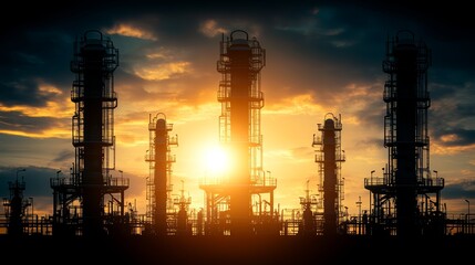 Dramatic sunset over a large industrial refinery, stunning silhouette against the twilight sky