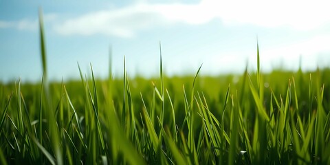 Obraz premium Fresh green grass under a bright blue sky creates a stunning and serene natural view