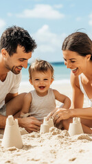 Family enjoying sunny day at beach, building sandcastles together