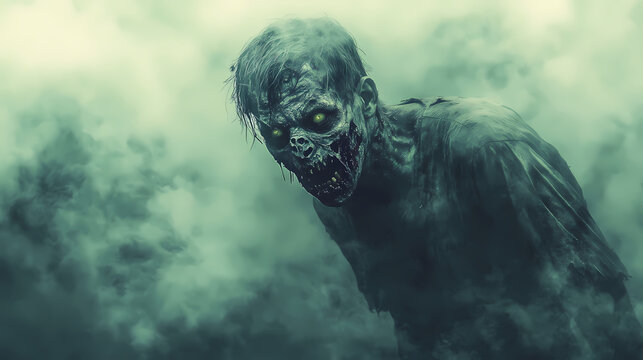 In a misty atmosphere, a feral zombie with crazed eyes looms forward, driven by an insatiable hunger, seeking its next meal amid eerie fog and muted colors. Feral. Illustration