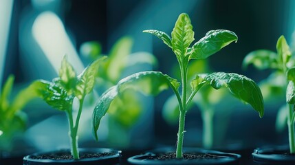 Vibrant Green Seedlings Growing in Pots Under Soft Light