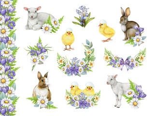 Naklejka premium Easter festive traditional decor element set with cute farm baby animals. Watercolor vintage style illustration. Hand drawn bunny, chicks, lamb, painted eggs, spring flowers on white background