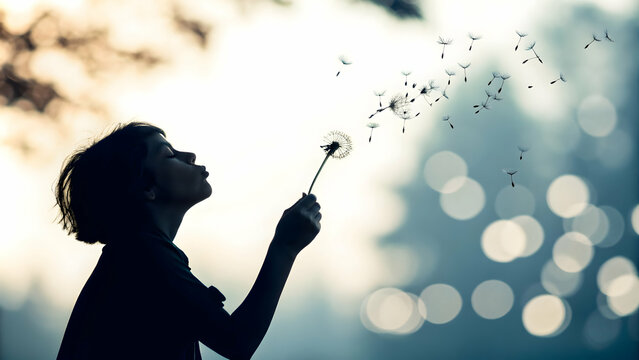 Silhouette Person Blowing Dandelion Seeds Bokeh Background Mindfulness Abstract Image