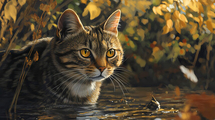 Nature captivates striped feral cats in the wild, striped feral cats, beauty, nature, wild, staring, river. Feral. Illustration