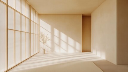 Fototapeta premium A serene, minimalistic interior with natural light and a decorative plant.