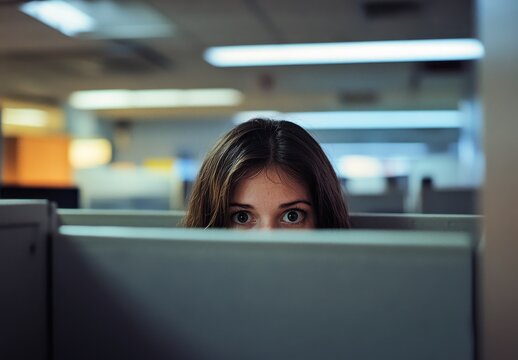 Focused Female Office Worker Peeking Over Cubicle Wall in Modern Workspace with Soft Lighting and Professional Ambiance