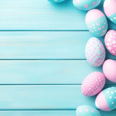 Pastel Easter Eggs on Light Blue Wooden Background