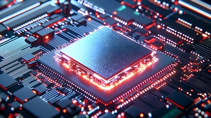 Glowing CPU Chip on Motherboard - Futuristic Technology