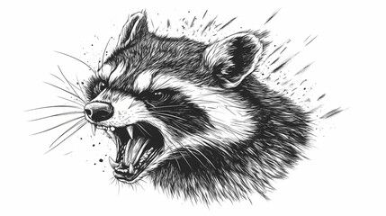 Fototapeta premium Racoon full aggressive expression black and white illustration. Feral. Illustration