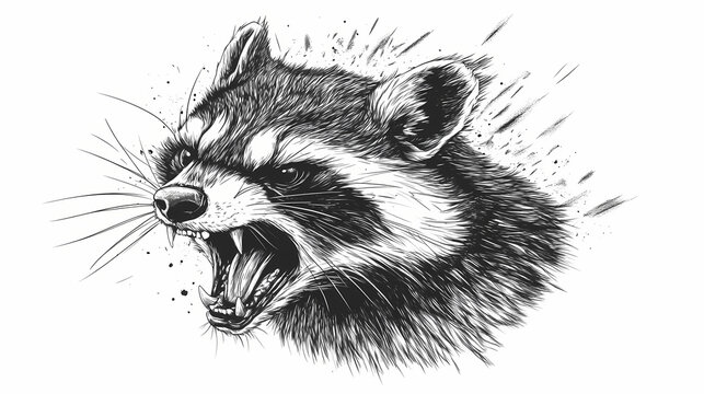 Racoon full aggressive expression black and white illustration. Feral. Illustration