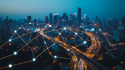 Fototapeta premium Smart digital Innovation city with connection network reciprocity over the cityscape. of future smart wireless city and social media networking systems that connects business people with in city