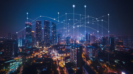 Obraz premium Smart digital Innovation city with connection network reciprocity over the cityscape. of future smart wireless city and social media networking systems that connects business people with in city