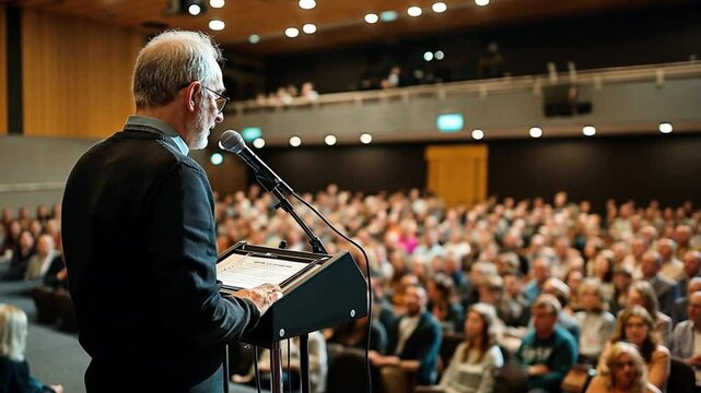 A professional speaker delivers a presentation to a packed audience in a modern auditorium. Concept of public speaking, leadership, and knowledge sharing.