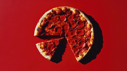 Fototapeta premium Pepperoni Pizza on Vibrant Red Background with Two Slices Removed