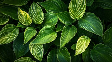 Fototapeta premium A close-up view of vibrant green leaves illuminated by soft morning sunlight as it filters through the dense trees, casting intricate shadows on the ground 