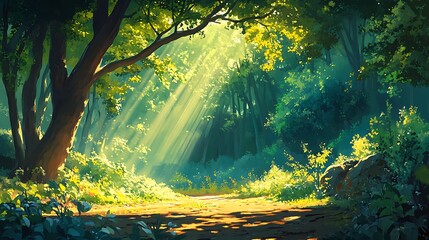 A vibrant green forest bathed in warm morning light, with beams of sunlight breaking through the canopy, illuminating the leaves and creating a dappled effect on the ground 