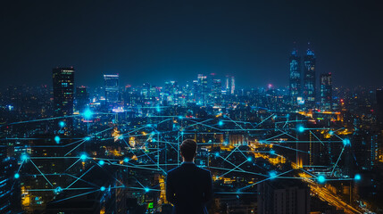 Naklejka premium Smart digital Innovation city with connection network reciprocity over the cityscape. of future smart wireless city and social media networking systems that connects business people with in city