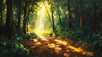 Obraz premium The first light of day filters through the thick green leaves of the forest, illuminating the rich textures and shadows on the forest floor beneath 