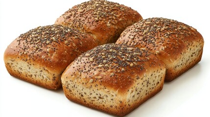 Four loaves of multigrain bread, topped with seeds. Perfect for bakery, food, and healthy eating websites.