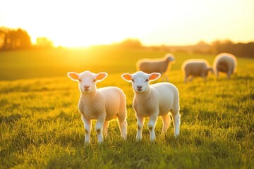 Obraz premium Two lambs stand in a sunlit field with more sheep in the background during golden hour.