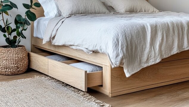 A cozy bedroom scene featuring a wooden bed with storage drawers and a plant.
