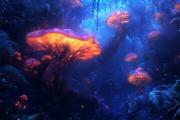 A group of mushrooms with glowing lights